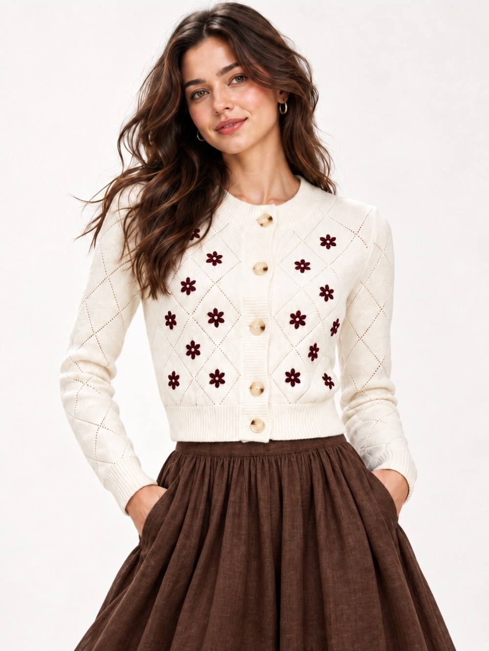 Willow & Wind Floral Embroidered Pointelle Cardigan Cream M Cottagecore